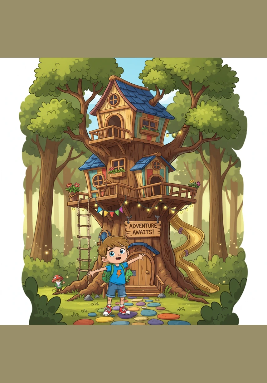 Leo stands in front of a colorful, cozy house representing his heart, holding a small golden key as he looks at the sky. The air is filled with floating, semi-transparent shapes of different colors, all waiting for their turn to come inside and visit.