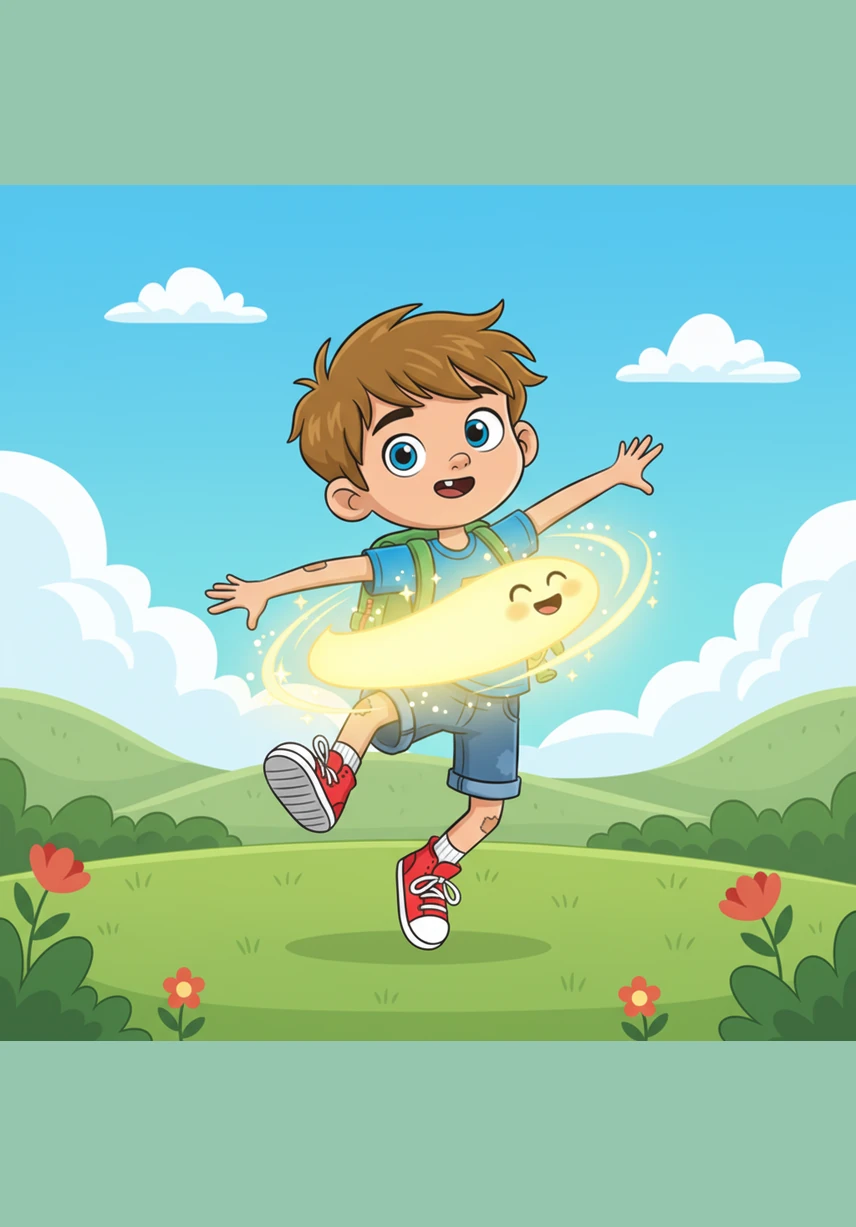 A bright yellow creature shaped like a glowing sunbeam bounces around Leo, making his chest feel warm and light like a summer morning. Leo stretches his arms wide and laughs, realizing that Happiness is telling him to enjoy this beautiful moment and share his smile.