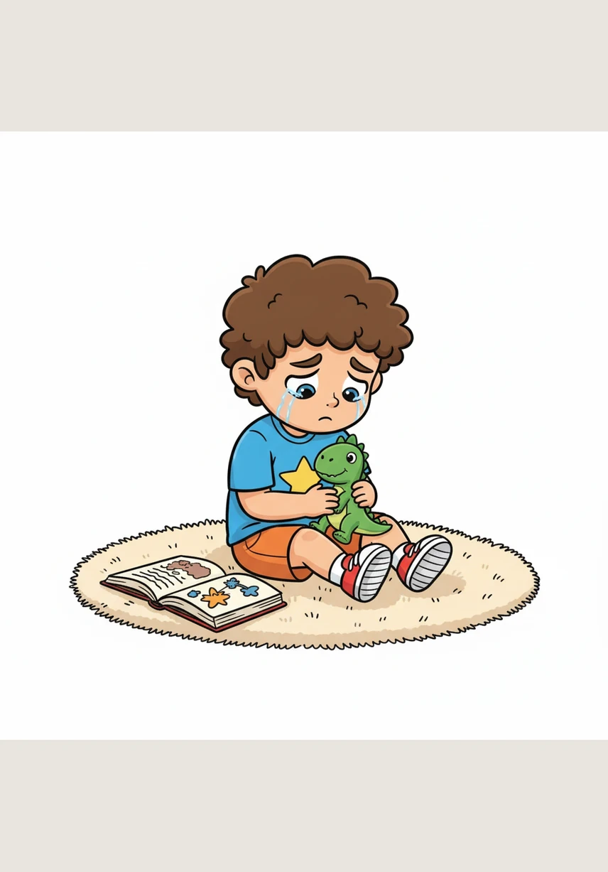 A gentle blue cloud named Sadness floats in, making Leo feel heavy and slow like a quiet, rainy afternoon. He sits quietly on a soft rug and wraps himself in a blanket, learning that it is okay to let out a few tears and ask for a warm hug.