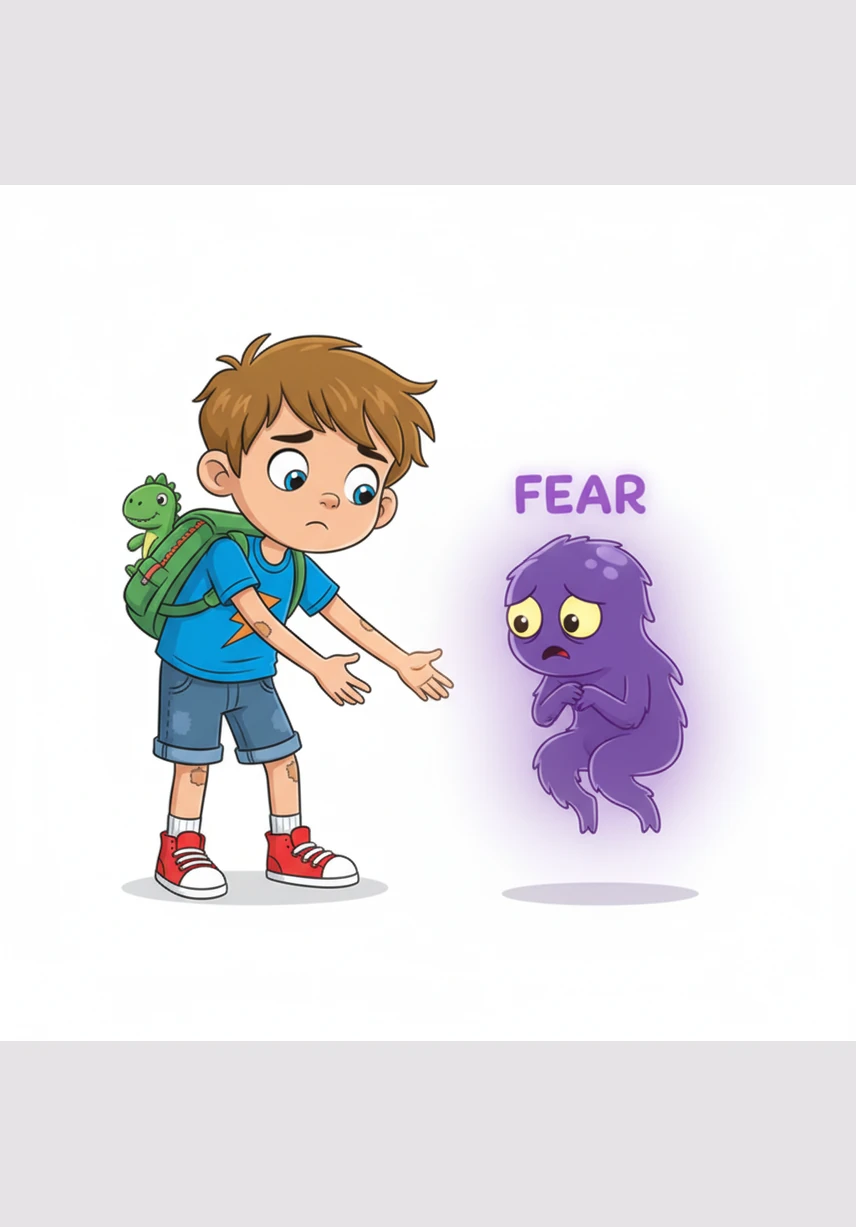A small, shivering purple shadow named Fear hides behind the curtains, making Leo’s tummy feel like it has cold, fluttering butterflies. Leo reaches out for a trusted hand to hold, learning that Fear is just a messenger trying to keep him safe and alert in new places.