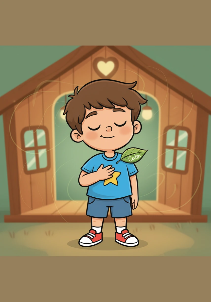 A soft green leaf named Calm drifts onto Leo’s shoulder, bringing a sense of stillness and quiet to the entire Heart House. Leo closes his eyes and listens to his own slow heartbeat, feeling as peaceful as a deep forest after a gentle spring rain.