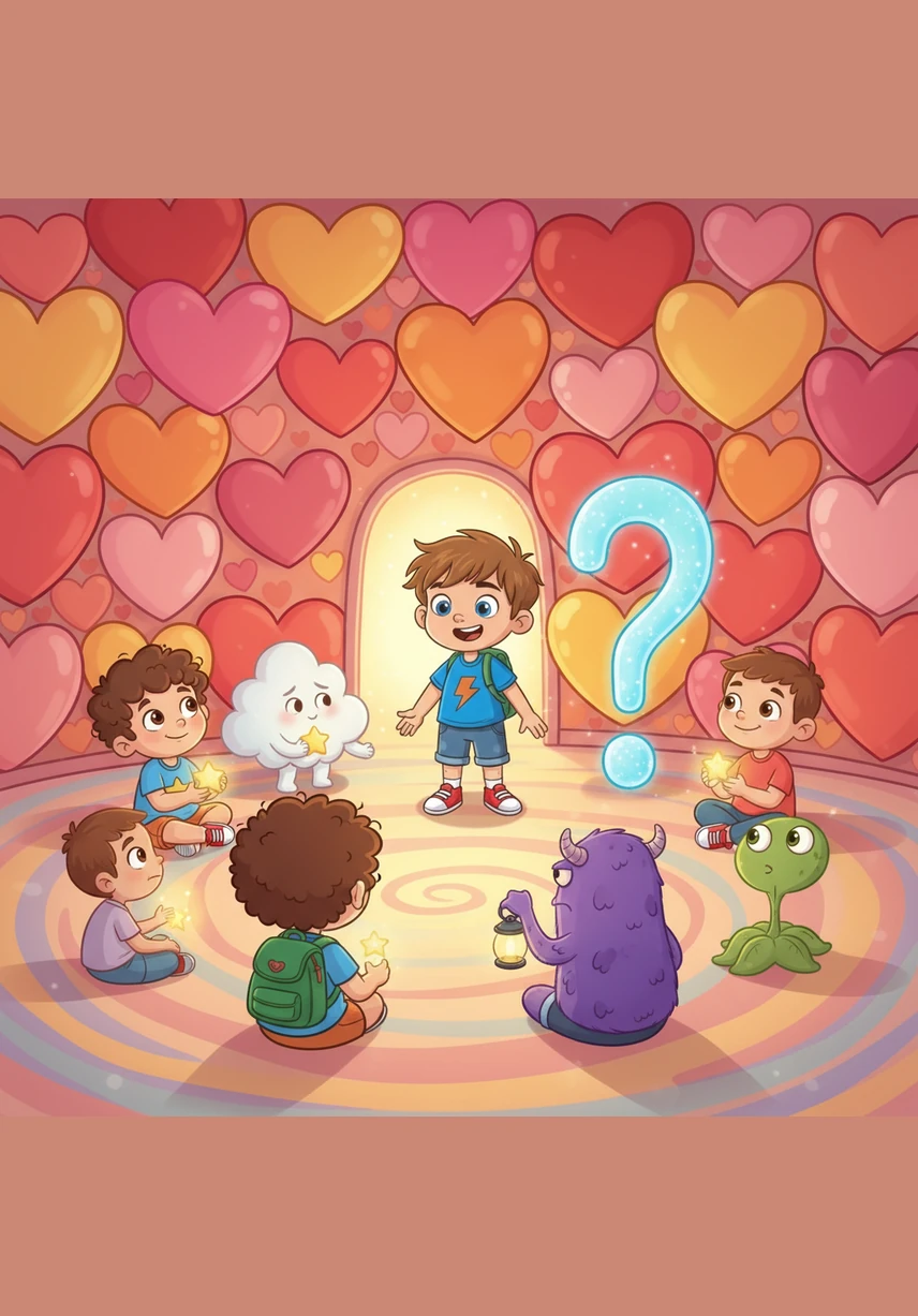 Leo stands in the center of his Heart House, surrounded by all his colorful visitors sitting together in a friendly circle. He realizes that no visitor is ever bad or wrong, and each one brings a special gift or a message just for him to hear.