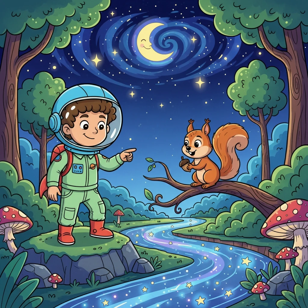 He met a friendly squirrel named Nutsy who offered him a clue: 'Follow the river of stars.' Leo, puzzled but determined, thanked Nutsy and continued his journey.