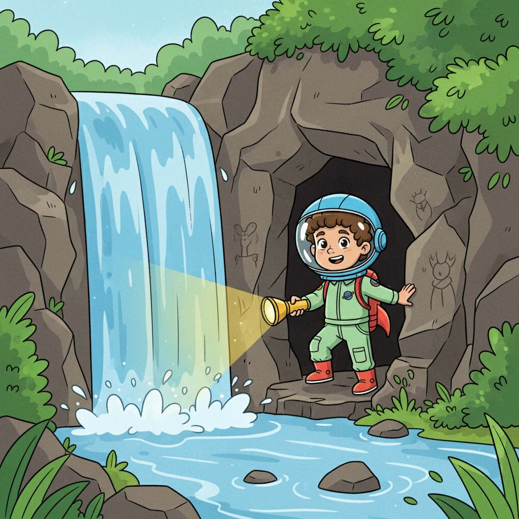 Following the river, Leo came to a sparkling waterfall. Behind it, a hidden cave beckoned. He took a deep breath and stepped inside, his flashlight beam dancing on the walls.