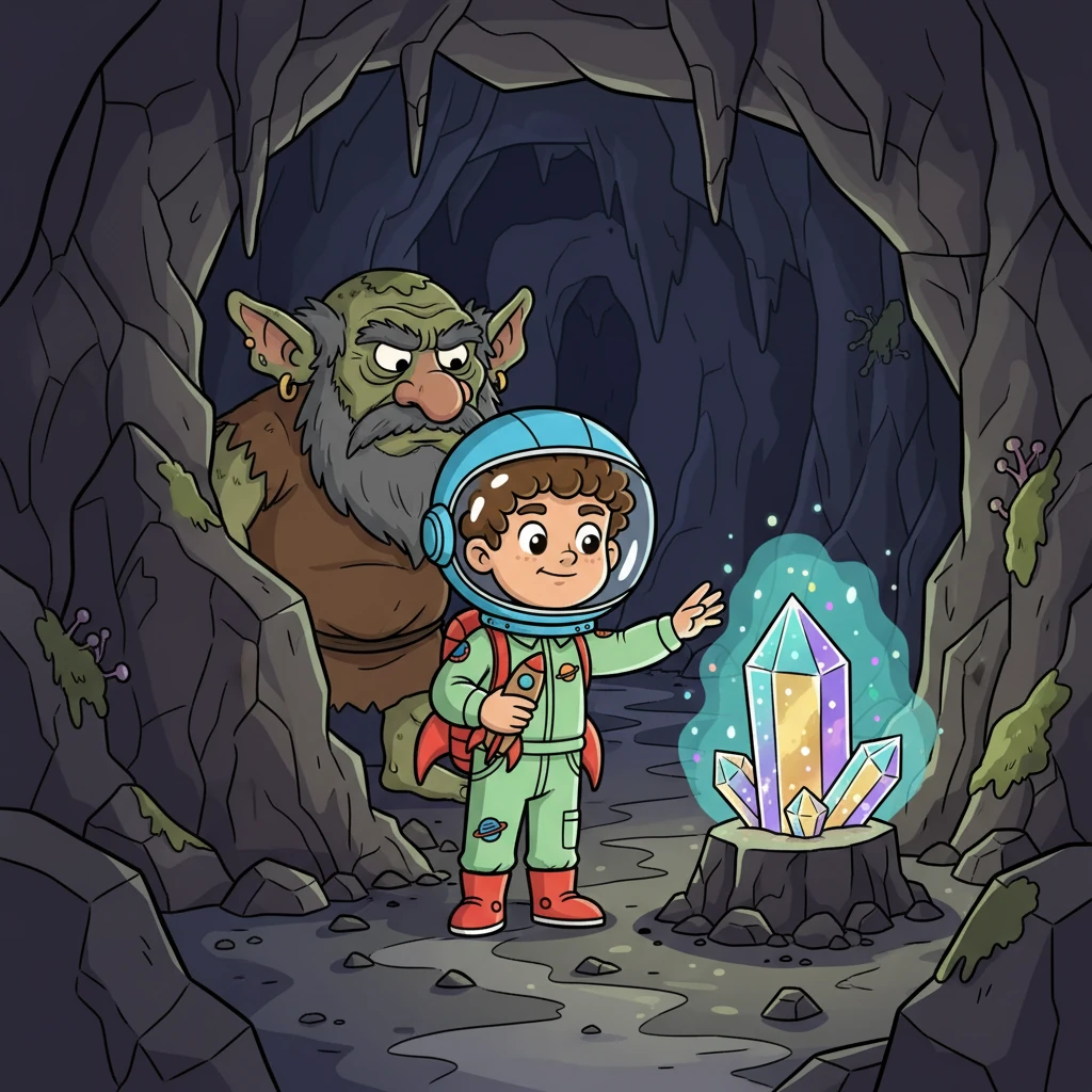 Inside the cave, he discovered a glowing crystal. It whispered of a magical land, but it also warned of a grumpy old troll who guarded the entrance.