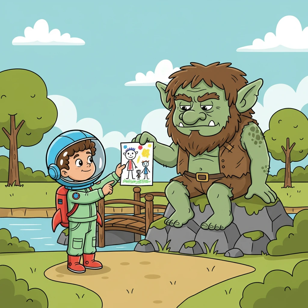 Leo, armed with courage, decided to face the troll. He used his quick wit and kindness to befriend the grumpy creature, offering him a drawing of his own family.