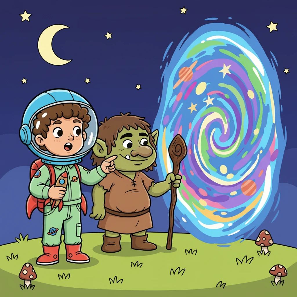 The troll, touched by Leo's gesture, revealed the entrance to the magical land. It was a shimmering portal of colors and light.