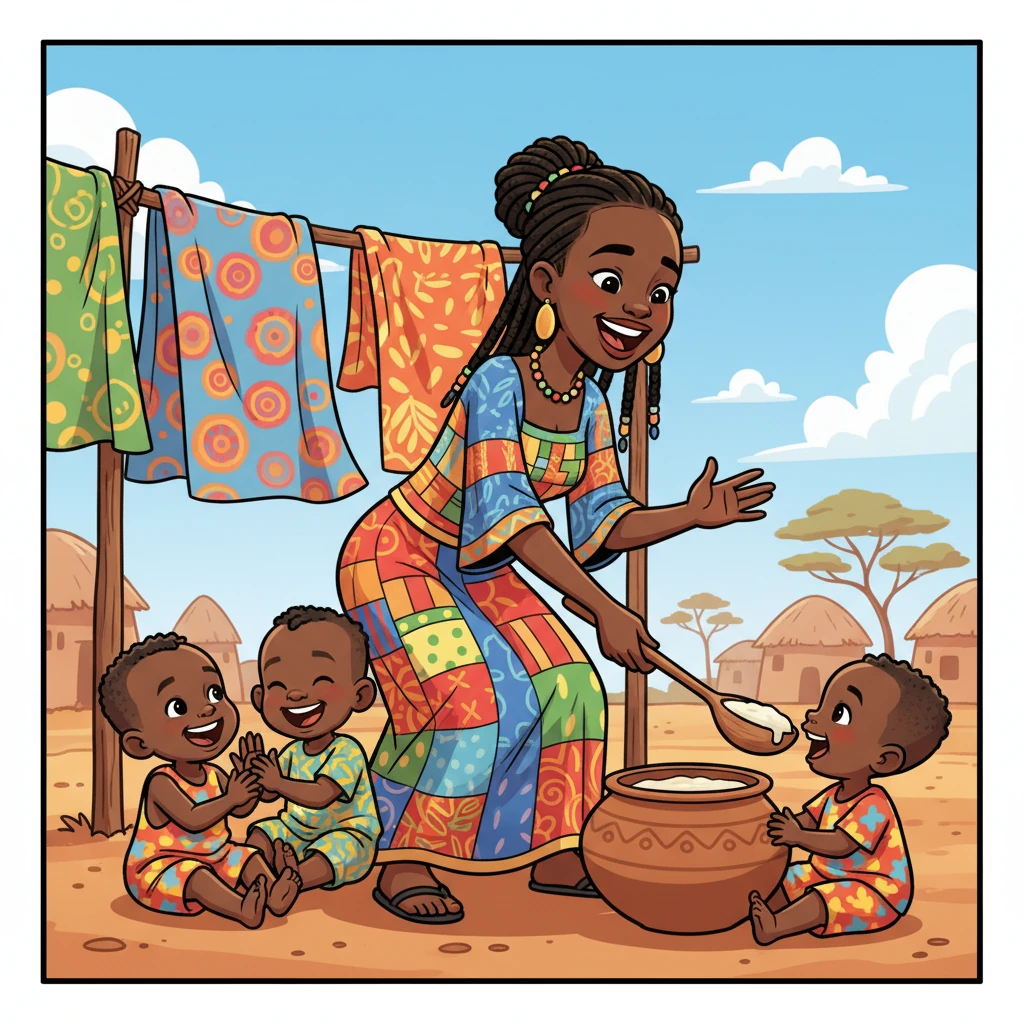 Nia, with a wide, joyful smile, plays a lively clapping game with a group of giggling toddlers under the warm African sun. Brightly colored fabrics flutter around them as they share a moment of pure happiness and connection, her hands gently guiding theirs. She lovingly scoops a spoonful of porridge towards a small child, ensuring every little one is well-fed and cared for.