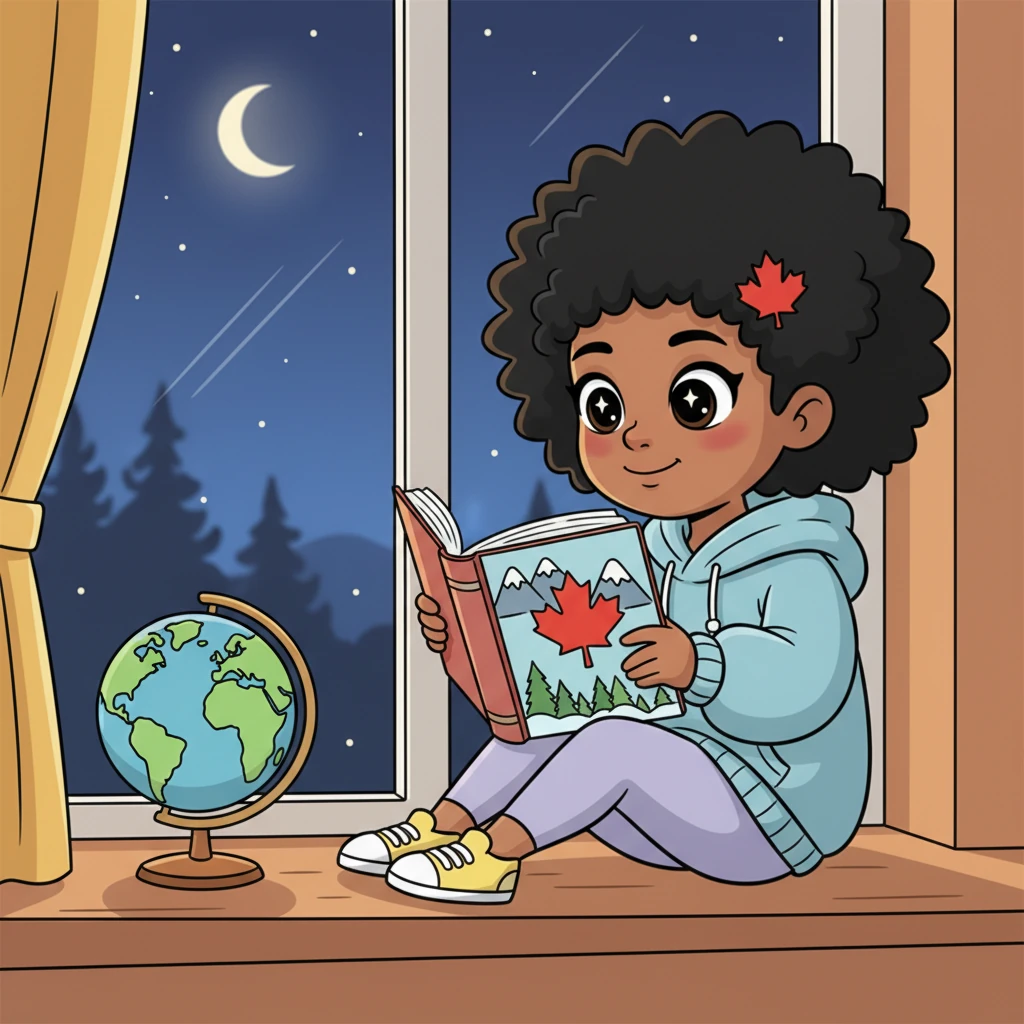 One evening, Nia sits by a window, gazing at a book about Canada, her eyes sparkling with dreams of new adventures and learning. A small globe sits beside her, symbolizing the big world she's eager to explore. She imagines the crisp air and new experiences awaiting her across the ocean.