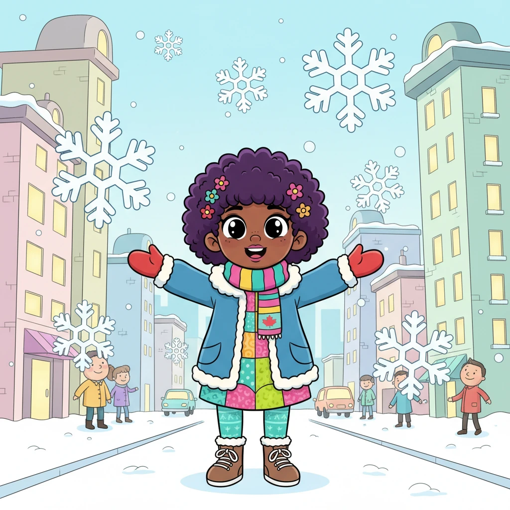 Nia arrived in Canada, stepping out into a bustling, bright city, bundled warmly against the cool air. Giant, whimsical snowflakes seemed to dance around her as she looked up at the tall, friendly buildings. Everything felt new and exciting, a fresh chapter unfolding before her eyes.