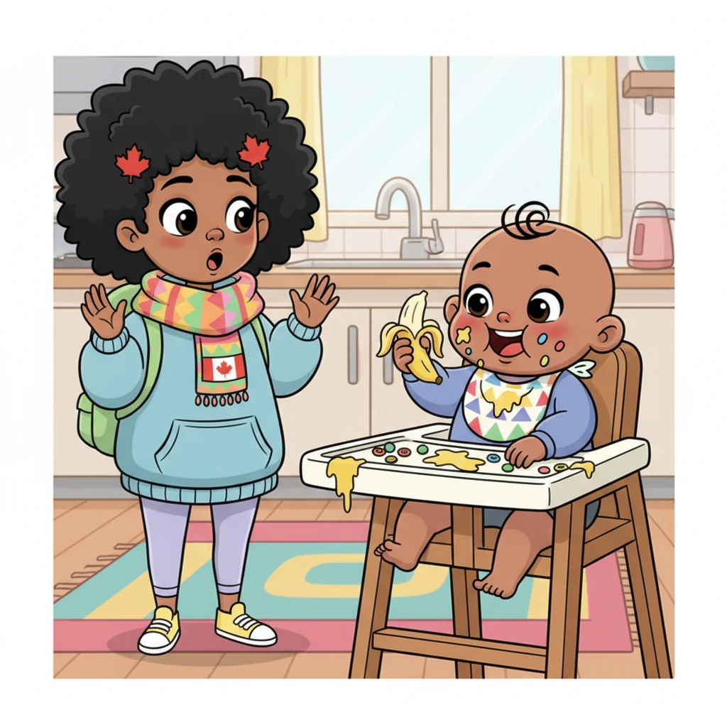 During mealtime, Nia watched in surprise as a tiny baby, barely able to sit up, enthusiastically squished a piece of banana in their hand, bringing it triumphantly to their mouth. Food was scattered on the high chair tray, but the baby's eyes sparkled with proud independence. The scene was a happy, messy exploration of food.