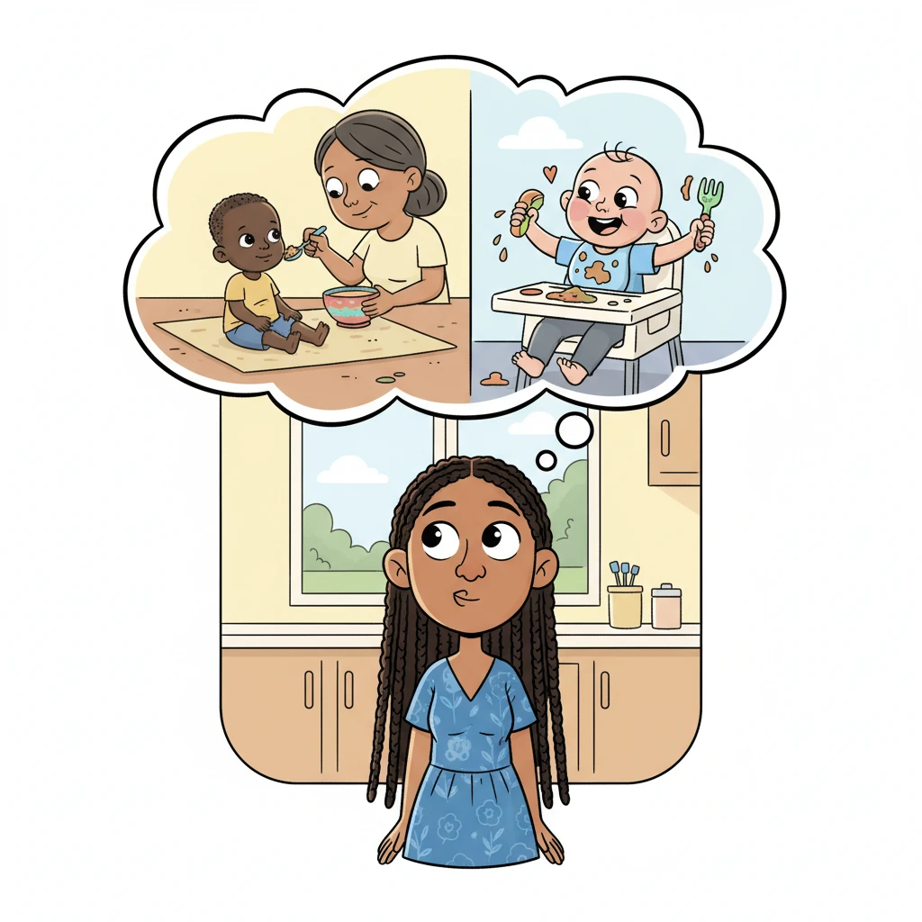 A thought bubble above Nia's head showed a gentle comparison: on one side, a memory of an African child patiently being spoon-fed until they were much older, and on the other, the Canadian baby confidently self-feeding. The contrast made her ponder the different ways children learn and grow. It was a fascinating discovery.