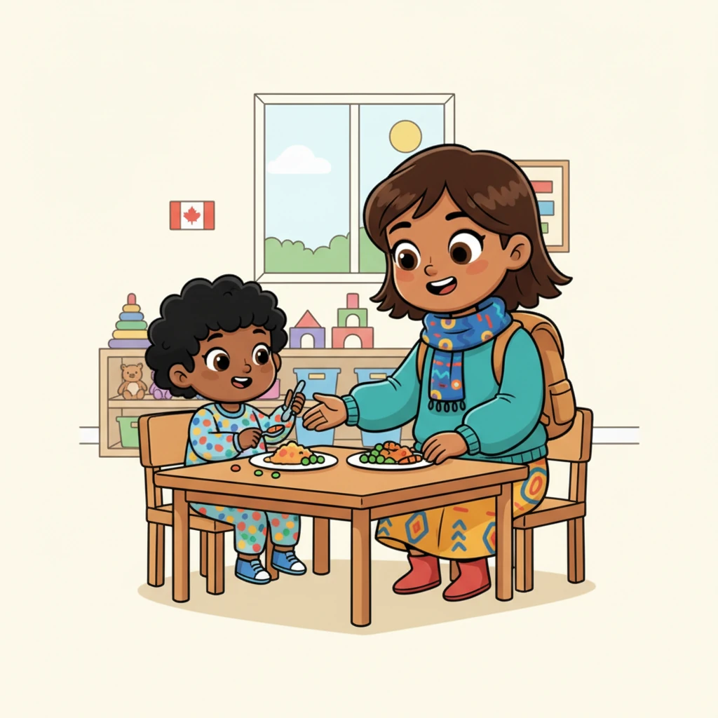 Back at the daycare, Nia now encouraged a little one to explore their food independently, a warm, understanding smile on her face. She felt confident and happy, embracing the new knowledge and blending her vast experience with Canadian educational approaches. She knew she was helping children grow in the best way possible.
