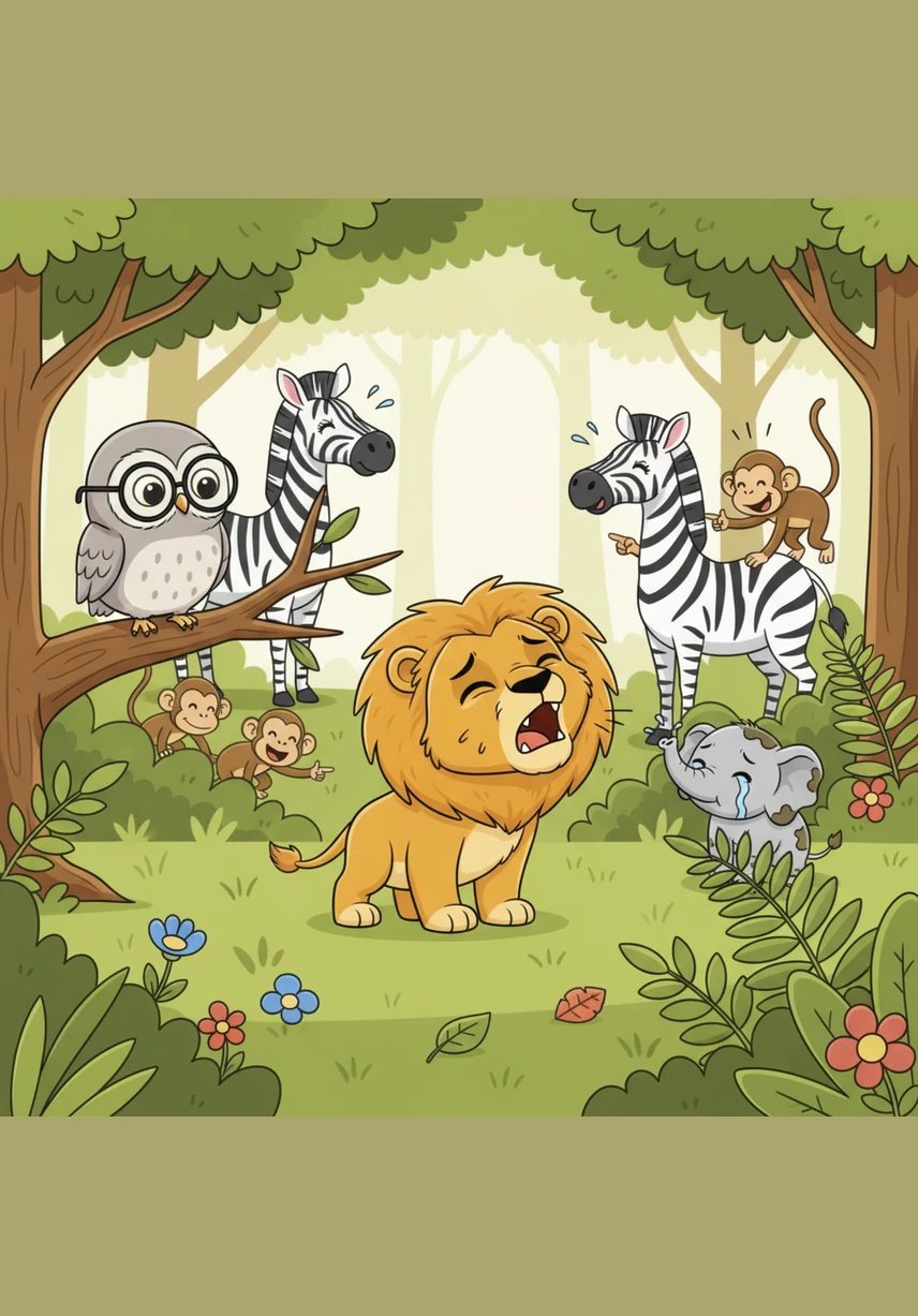 Every time he tried to open his mouth to roar, only a tiny, timid squeak would come out. The other animals of the forest, like the zebras and monkeys, would giggle, leaving Leo feeling even more embarrassed and lonely.