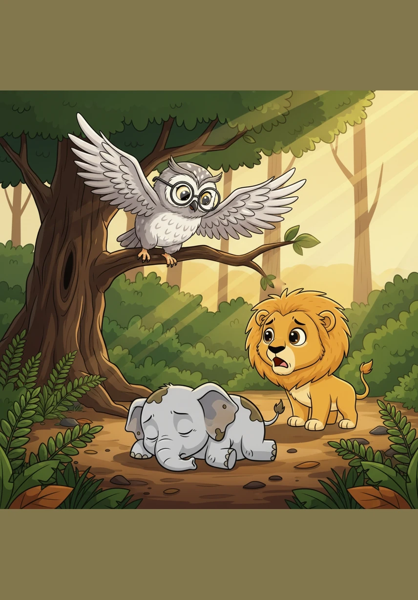 A wise old owl, watching from high in a tree, drifted down to land softly beside the lion. She explained that being brave isn't the same as having no fear, but rather facing what scares us when someone needs our help.