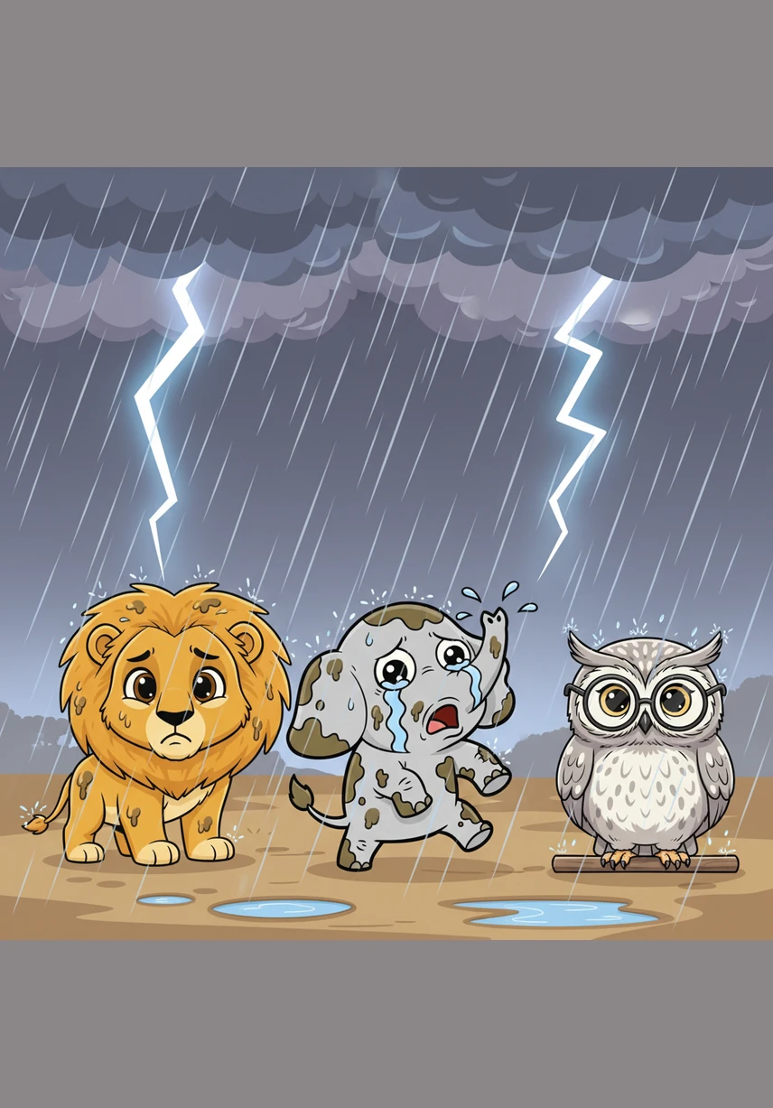 Suddenly, the weather turned and a frightening storm began to break over the savanna, with loud thunder and bright lightning. All the animals scrambled to find shelter to protect themselves from the heavy rain and cold wind.