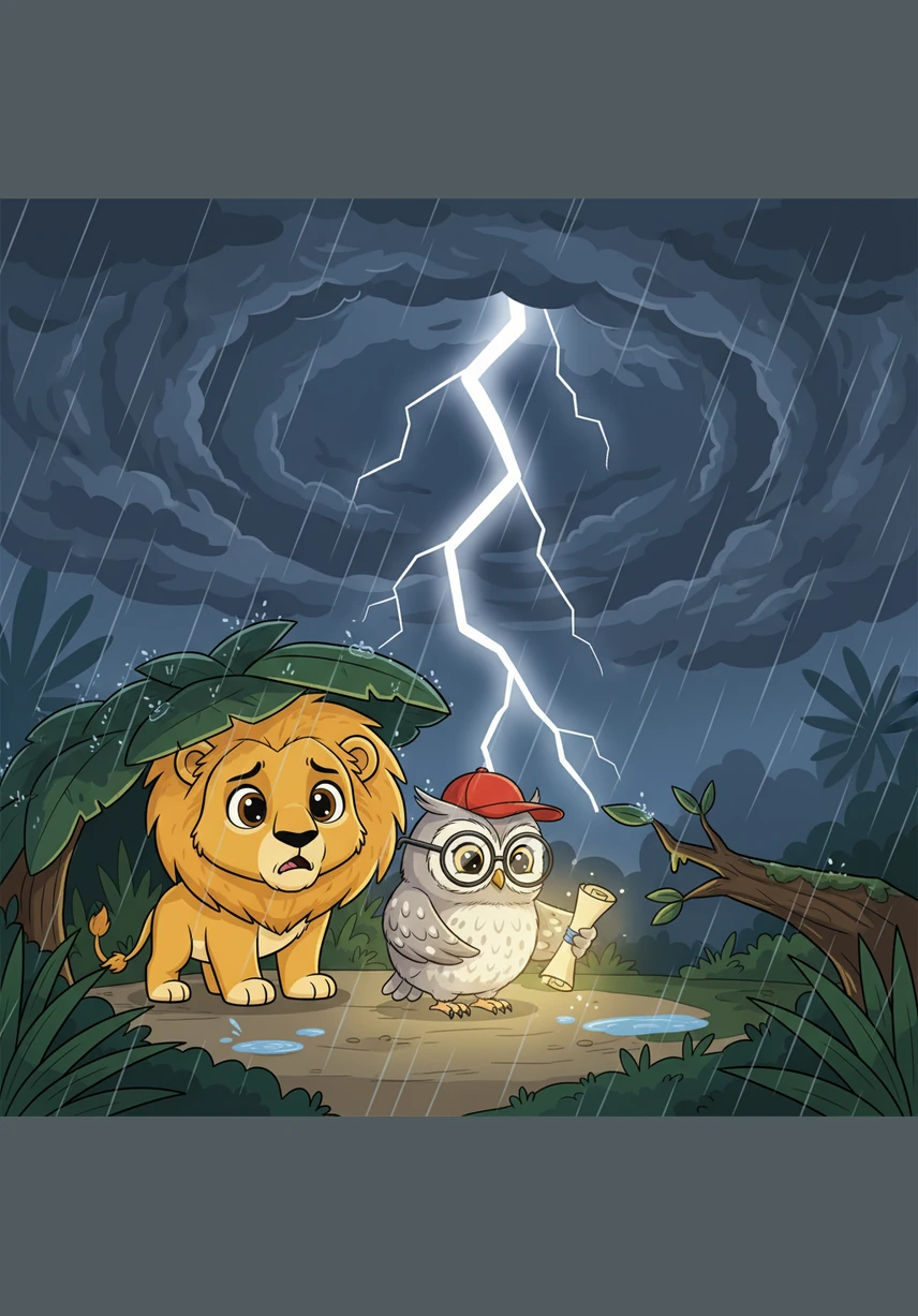 Leo heard the calf's cries and felt his heart race with fear, as he was also scared of the loud thunder. His paws trembled, and he felt a strong urge to run away and hide in a safe, dry place.