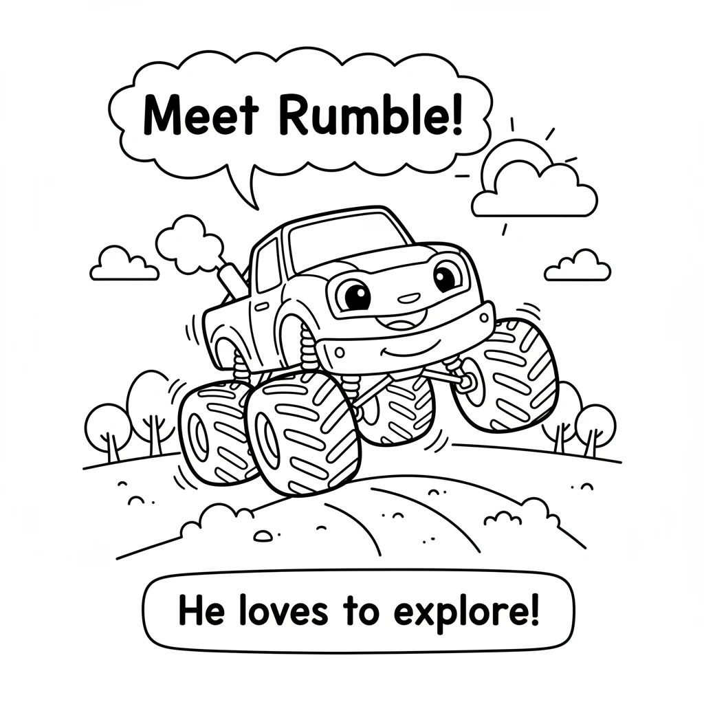 Meet Rumble! He is a big, friendly monster truck with a happy smile, ready for a day of fun. He loves to explore and learn new things.