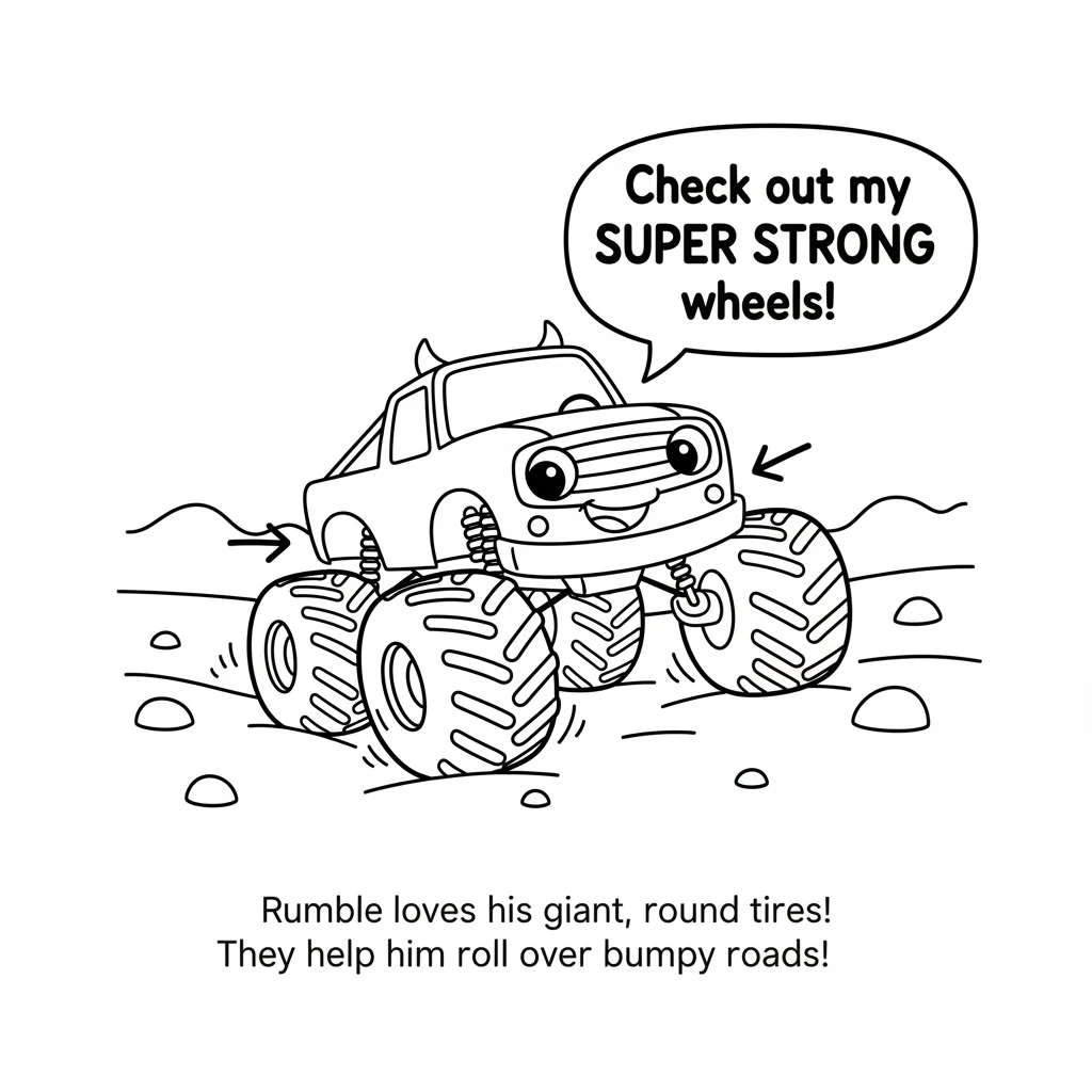 Rumble shows off his giant, round tires. These super strong wheels help him roll over bumpy roads and keep a good grip wherever he goes.