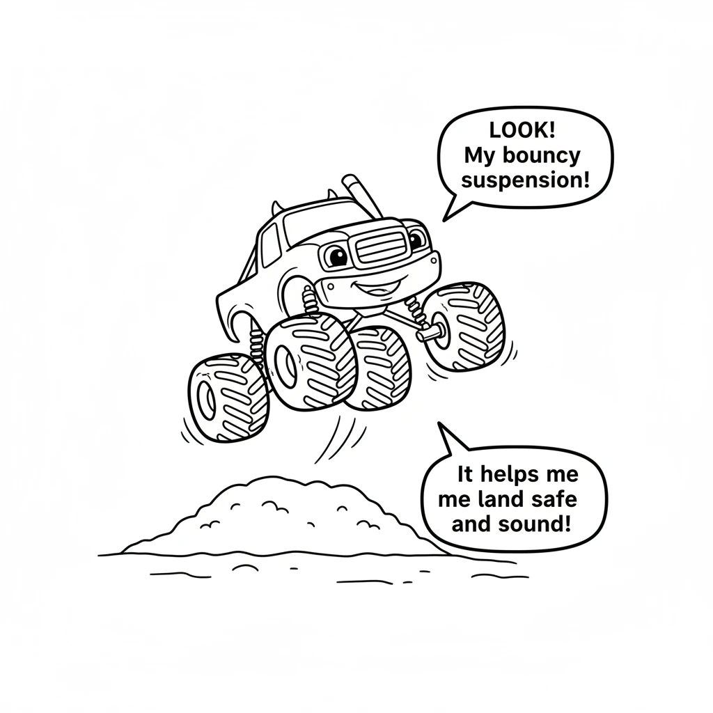 Look at Rumble's bouncy suspension! He demonstrates how it helps him land softly after big jumps, making sure he stays safe and sound.