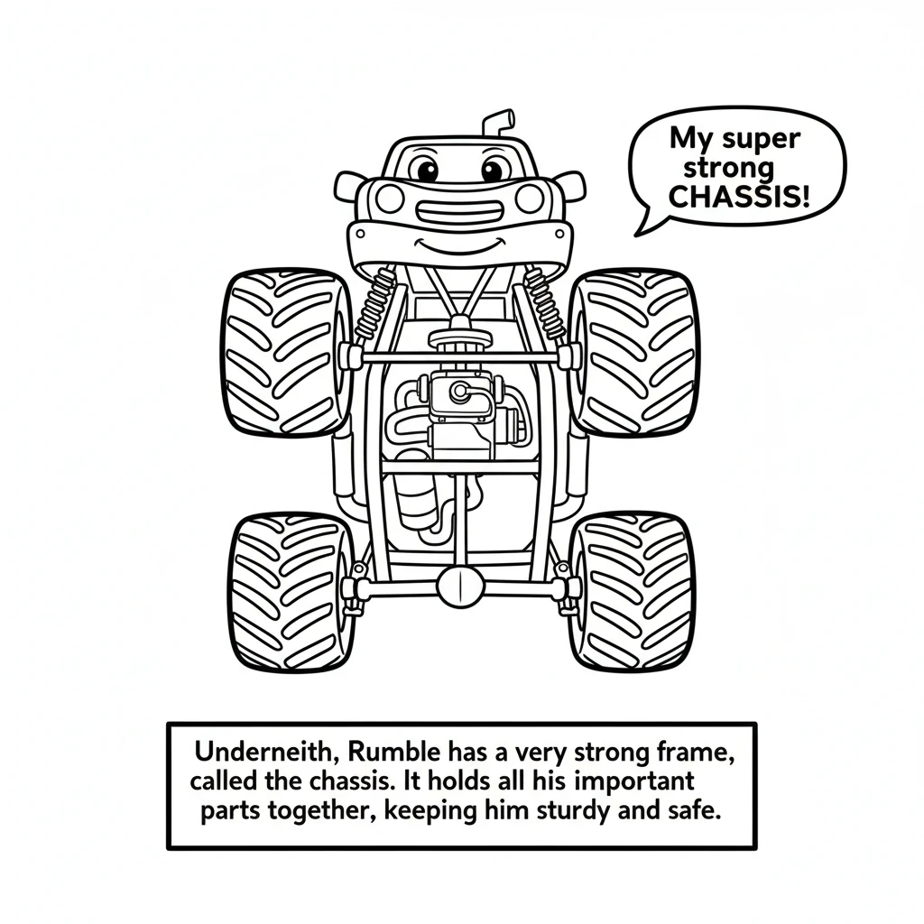 Underneath, Rumble has a very strong frame, called a chassis. It holds all his important parts together, keeping him sturdy and safe.