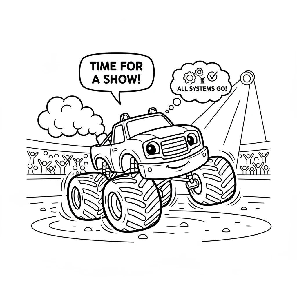 Rumble gets ready for a special show! He practices his moves, spinning his big tires and making sure all his parts are working perfectly.