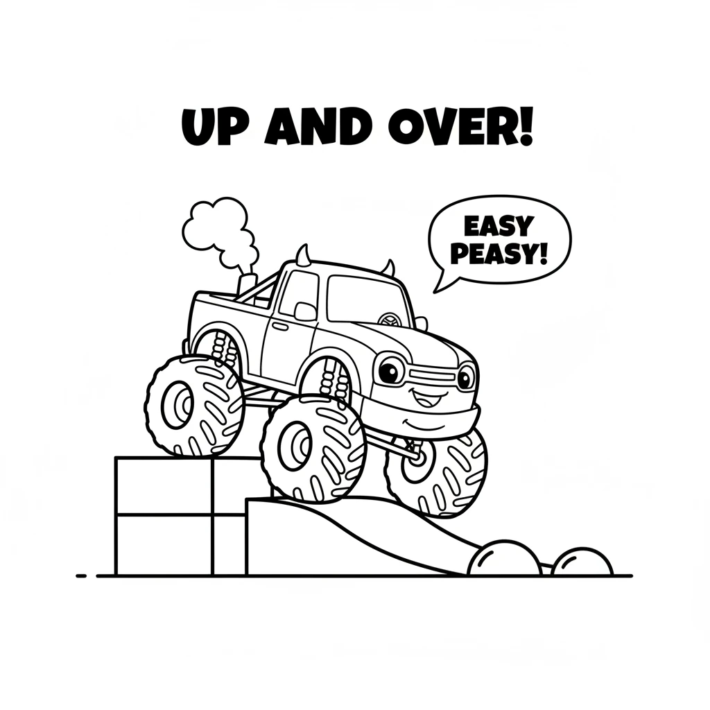 He carefully drives over some pretend obstacles, showing how his big tires and strong frame make it easy to go up and down without a problem.