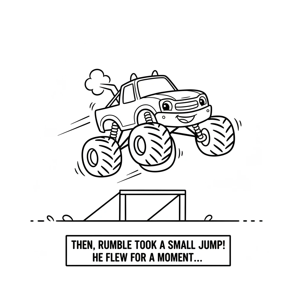 Then, Rumble takes a small jump over a ramp! He flies through the air for a moment, landing gently thanks to his amazing suspension.