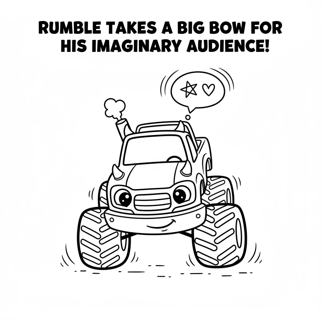 Rumble takes a big bow for his imaginary audience, feeling very proud of how he used all his special parts to put on a great show.