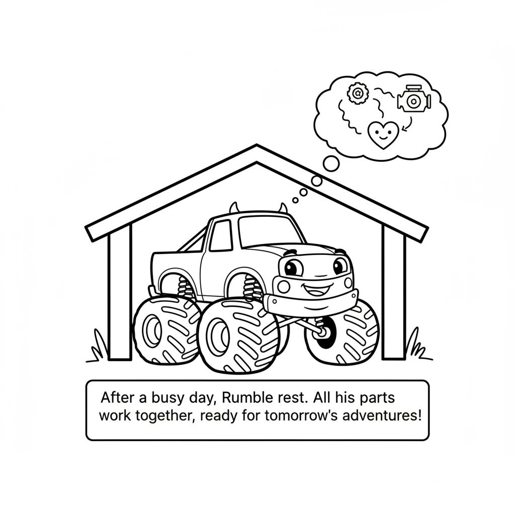 After a busy day, Rumble parks to rest. He is happy knowing all his parts work together to make him the best monster truck he can be, ready for more a