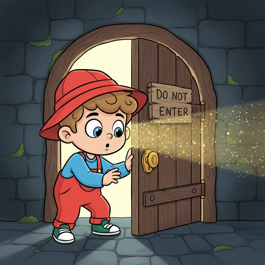 Leo, a small boy with wide, curious eyes, stands before a slightly ajar, mysterious door, adorned with a whimsical "DO NOT ENTER" sign. Dust motes dance in the sliver of light escaping from within, hinting at secrets. He wears a bright red adventurer's hat.