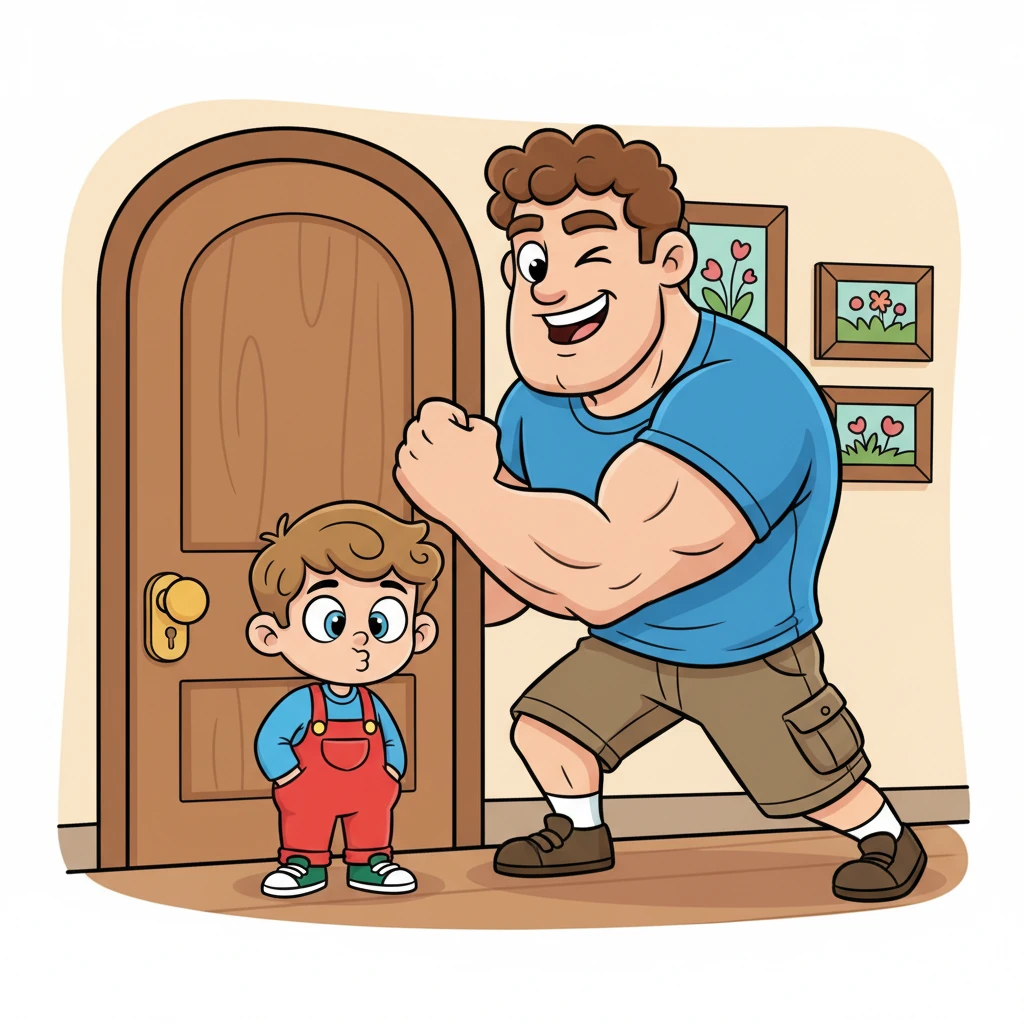 His strong, smiling Dad, with exaggerated, friendly features, playfully swoops in, blocking the door with an arm. Dad winks, saying, "Top secret, little explorer! Never go in there!" Leo pouts playfully, his imagination already buzzing.