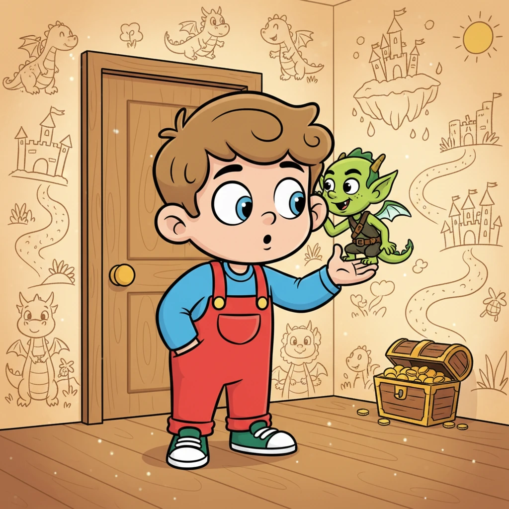 Later, Leo is in his room, surrounded by fantastical drawings of dragons and treasure chests. He imagines the door leading to a land of wonders, his eyes sparkling with anticipation. A tiny, mischievous imp on his shoulder whispers ideas.