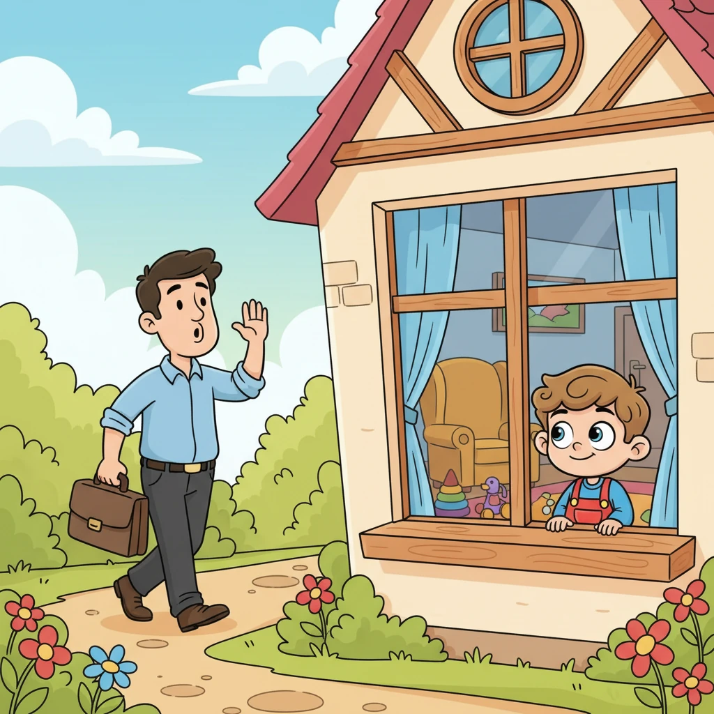 The next morning, Dad waves goodbye, whistling a cheerful tune as he leaves for work. Leo watches from the window, a mischievous glint in his eye, knowing this is his chance. The house feels big and quiet.
