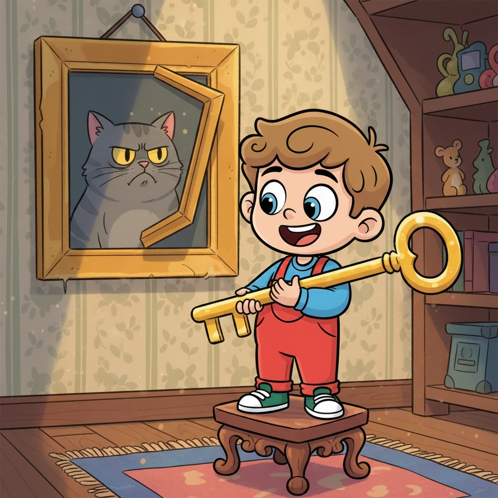 Leo searches high and low, finally discovering a shiny, oversized skeleton key hanging on a hidden hook behind a dusty painting of a grumpy cat. He clutches it triumphantly, his heart doing a happy dance.