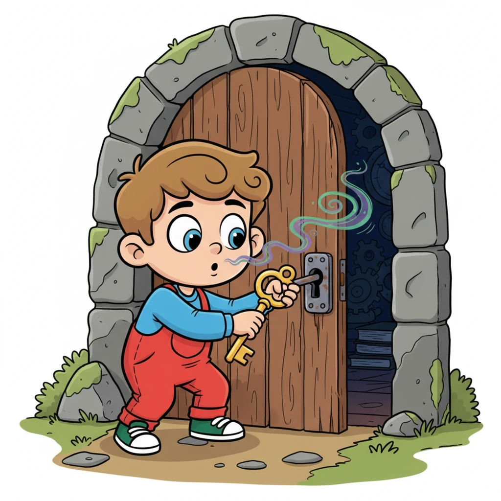 With a deep breath, Leo carefully inserts the key into the lock. It turns with a satisfying click, and the door creaks open just enough for him to peek into the shadowy room. A strange, exciting smell wafts out.