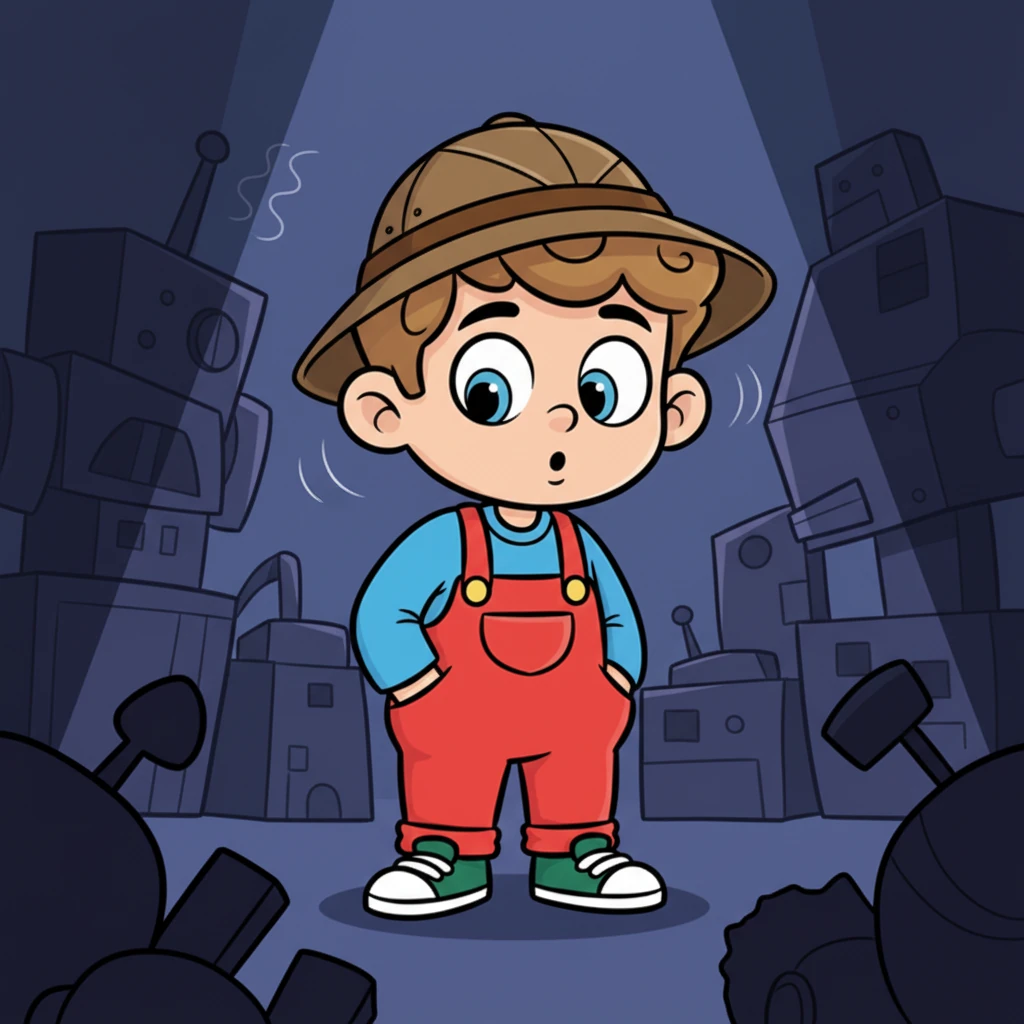 Inside, shadowy shapes loom, and he hears strange, rhythmic whirring noises, like sleepy robots. Leo freezes, his eyes wide with a mix of fear and wonder, unsure if he's found a monster or a marvel. His adventurer's hat is slightly askew.
