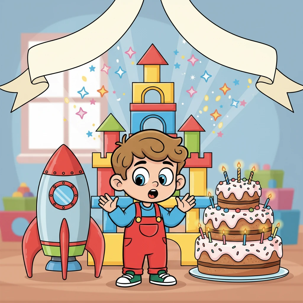 Suddenly, a burst of colorful, twinkling lights illuminates the room! It's not monsters, but a half-built rocket ship, a towering castle made of blocks, and a giant, sparkly birthday cake, all waiting for him! Happy birthday banners unfurl.