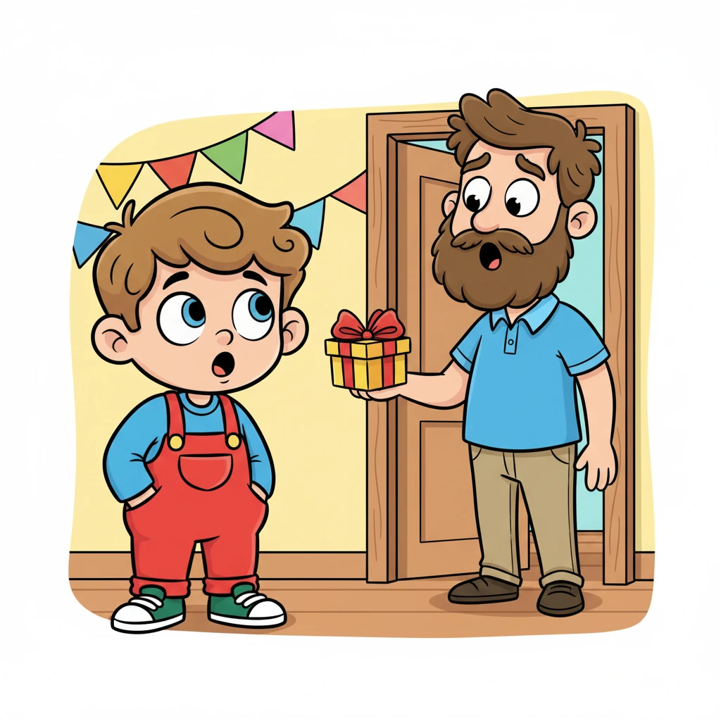 Just then, Dad appears at the doorway, a look of comical surprise on his face. "Leo! What are you doing in here? You've spoiled the biggest surprise!" He holds a small, wrapped gift, looking slightly flustered.