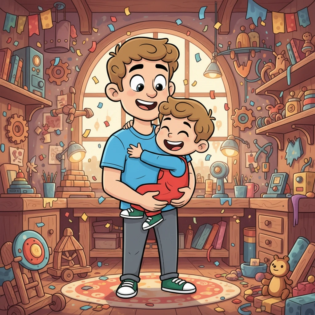 Leo, now grinning from ear to ear, rushes to hug his dad, who scoops him up. "It's the best secret ever, Dad!" he giggles, surrounded by his amazing birthday workshop, the "scary" mystery now a wonderful memory. Confetti rains down gently.