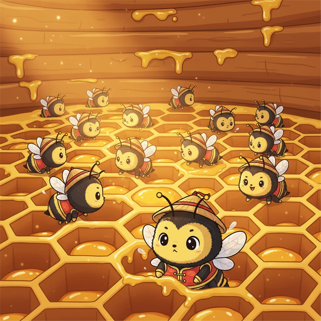 温暖的蜂巢内部，六边形的蜂房整齐排列，金黄色的蜂蜜在阳光下闪闪发光。许多小蜜蜂在忙碌地爬行，一只刚出生的小蜜蜂正缓缓睁开眼睛。在阳光洒满的春天早晨，一只名叫“嗡嗡”的小蜜蜂，从蜂巢的小格子里悄悄睁开了眼睛。“哇——”嗡嗡轻轻扇动着透明的小翅膀，“这就是我的家吗？