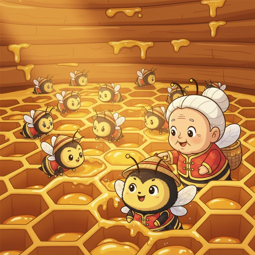 嗡嗡在蜂巢里好奇地爬来爬去，看着工蜂们采蜜、酿蜜、清洁蜂房。一只年长的蜂妈妈温柔地用触角轻触它。“欢迎你，小嗡嗡，”蜂妈妈笑着说，“从今天起，你要学习做一只真正的蜜蜂。”嗡嗡点点头，心里充满期待：“我什么时候才能飞出去看看世界呢？