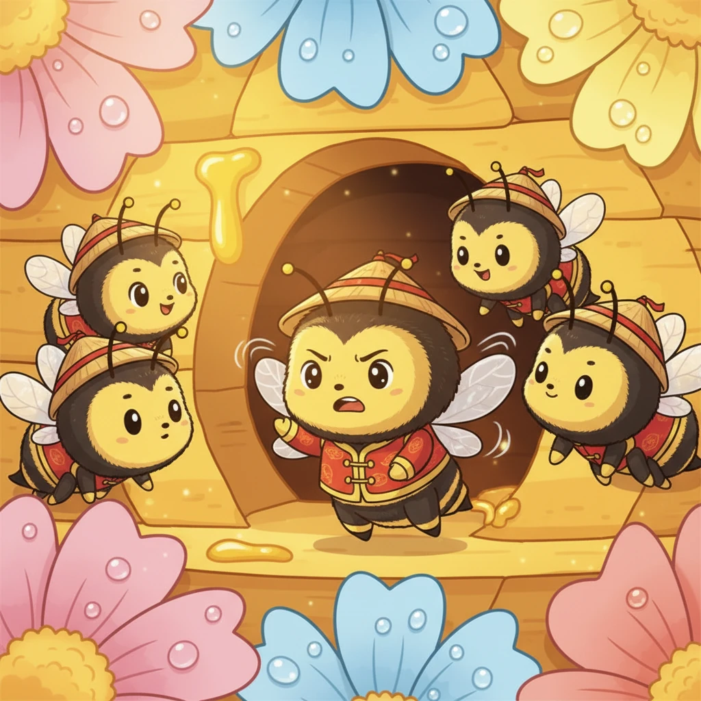 清晨的露珠在花瓣上滚动。嗡嗡跟着姐姐们在蜂巢门口练习扇动翅膀，小脸认真又紧张。“飞行，要从扇动翅膀开始。”姐姐们说。嗡嗡用力地扇啊扇，翅膀发出“嗡嗡”的声音，像一首轻快的歌。“我听见了！那是我名字的声音！”它开心地笑了。