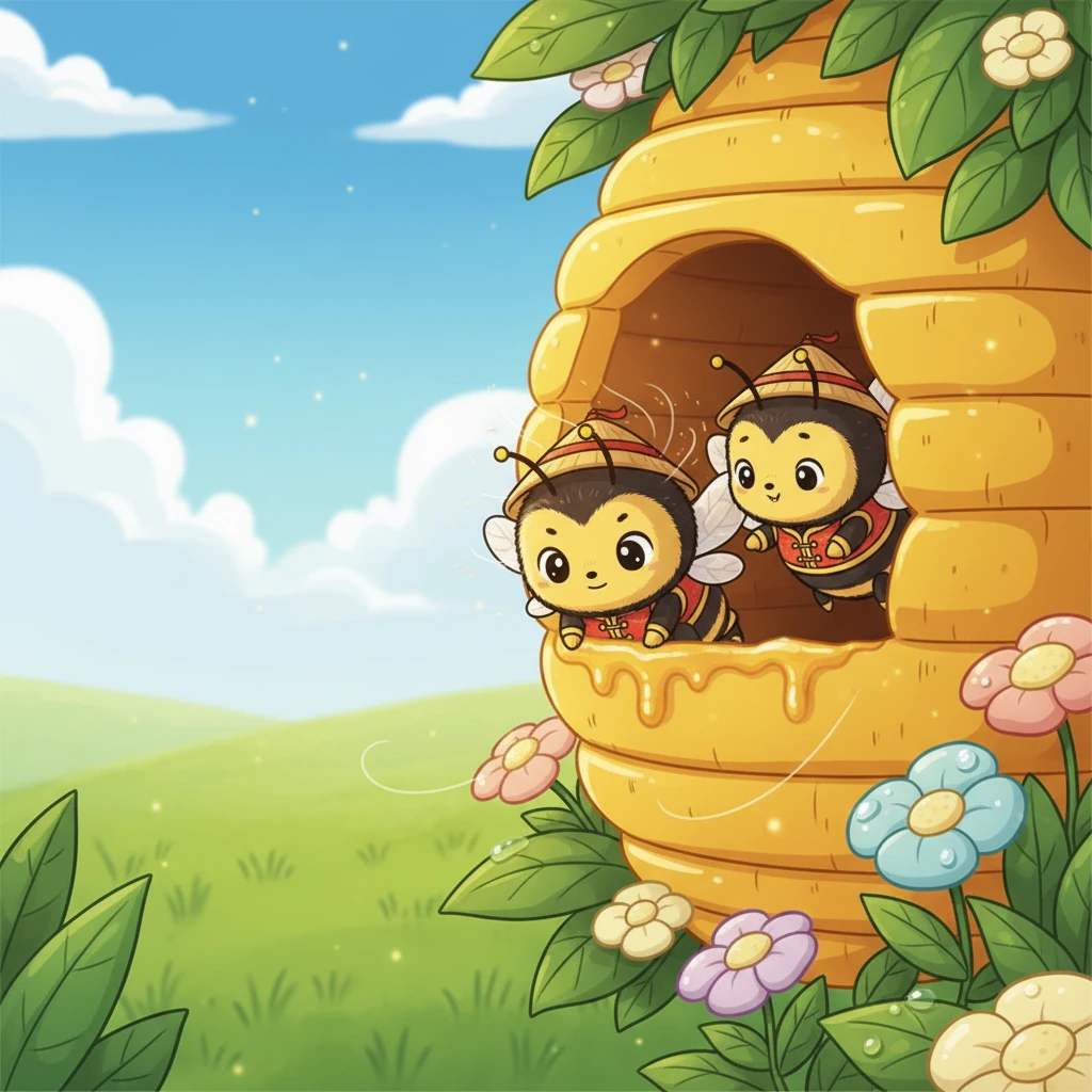 嗡嗡在蜂巢边缘小心翼翼地探出身体，风轻轻吹起它的绒毛。它低头看着脚下的草地，有点害怕。“外面的世界好大啊……”嗡嗡小声说。“别怕，”姐姐鼓励它，“风会托住你的，勇敢地飞吧！