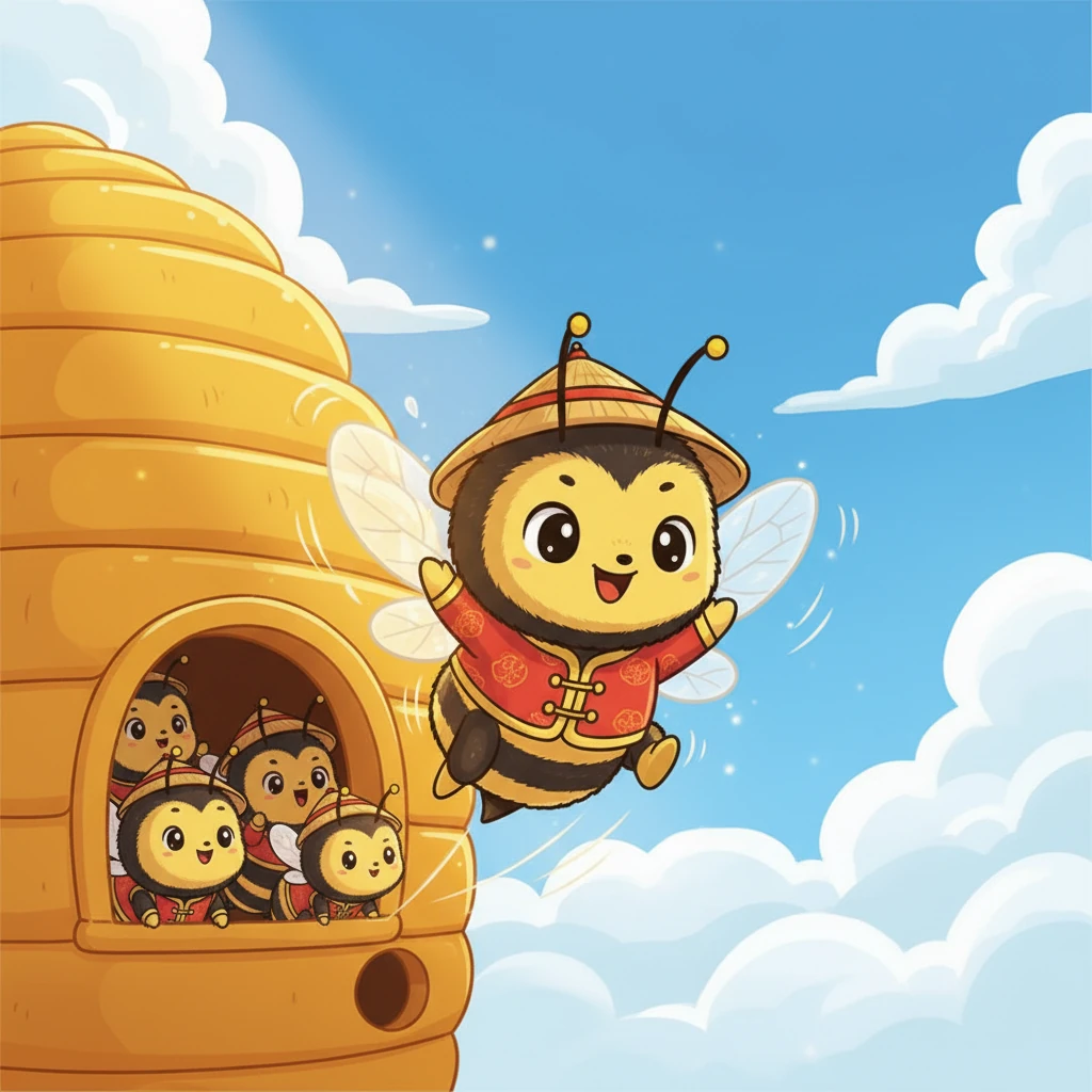 姐姐们温柔地推了推嗡嗡，它鼓起勇气，猛地扇动翅膀，从蜂巢口一跃而下。风托住了它，嗡嗡在空中摇摇晃晃，但很快找到了平衡，兴奋地飞向蓝天。阳光温暖地洒在它身上，世界在它眼前展开，它感受到了前所未有的自由。