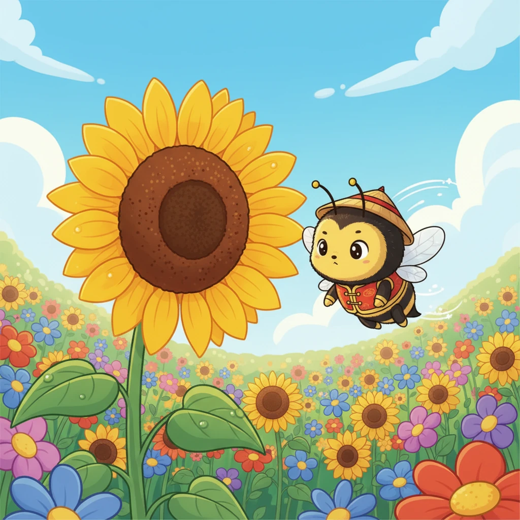 嗡嗡飞过一片五彩斑斓的花海，每一朵花都像一个小小的宝藏，散发着诱人的芬芳。它从未见过如此美丽的色彩和形状。它好奇地绕着一朵盛开的向日葵盘旋，金黄的花瓣和深邃的花蕊让它目不暇接。