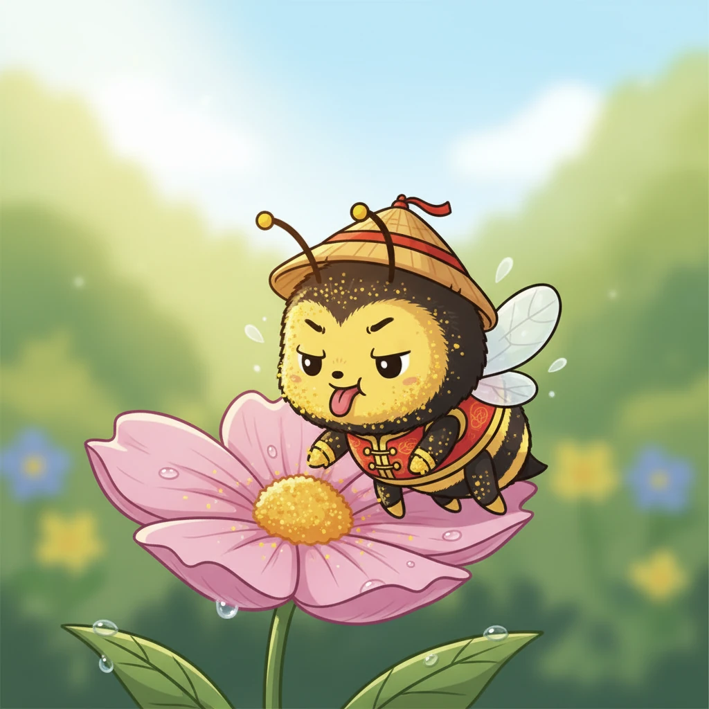 嗡嗡小心翼翼地降落在一朵娇嫩的粉色花朵上。它笨拙地伸出小舌头，却没能吸到花蜜，反而弄得满身都是花粉，变成了一只“小黄蜂”。它有些沮丧，但依然想尝试，决心不放弃。