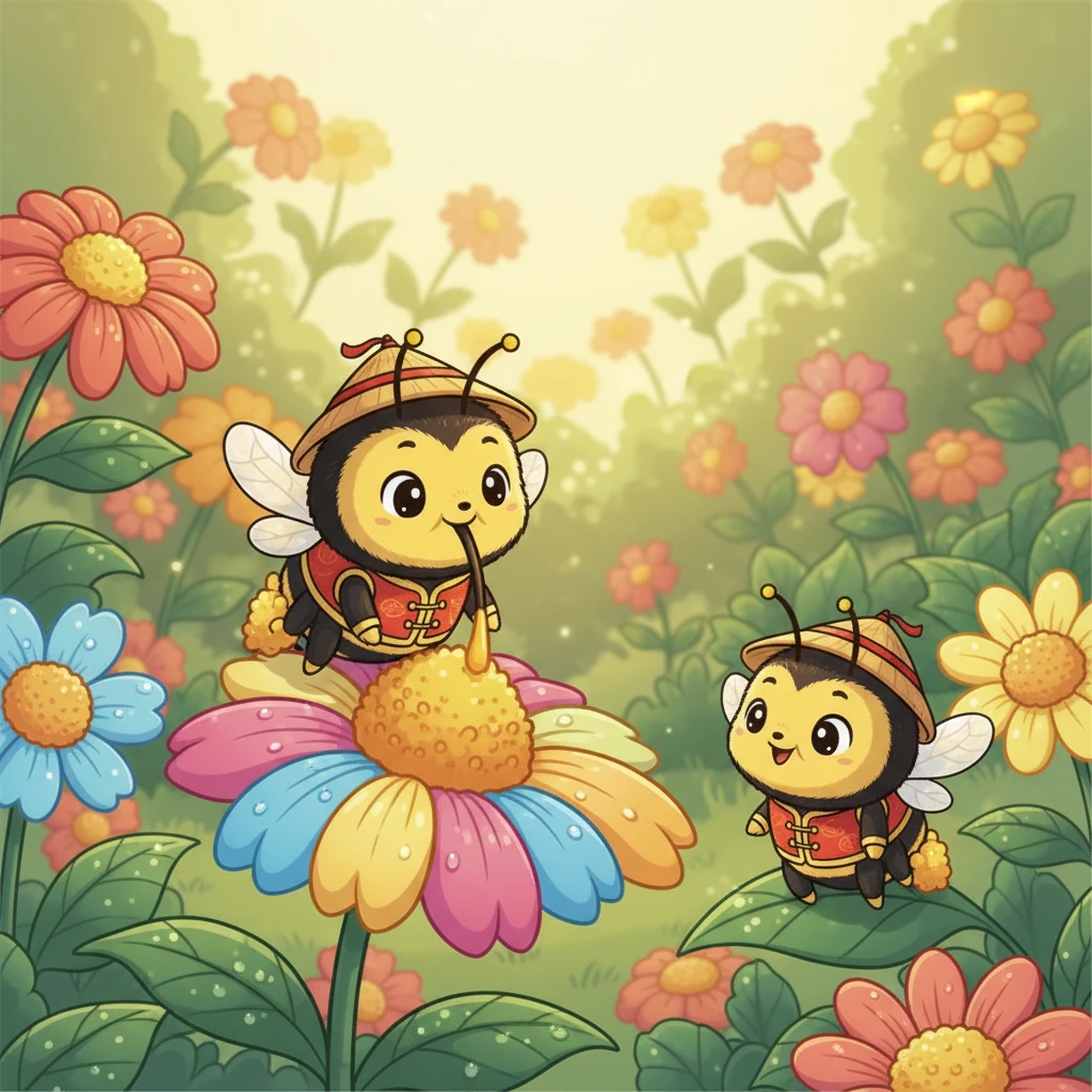 一只经验丰富的工蜂飞了过来，微笑着示范给嗡嗡看。它轻轻地落在花蕊深处，熟练地吸取花蜜，并用后腿收集花粉。嗡嗡在一旁认真地观察，学到了采蜜的技巧，眼睛里充满了学习的光芒。