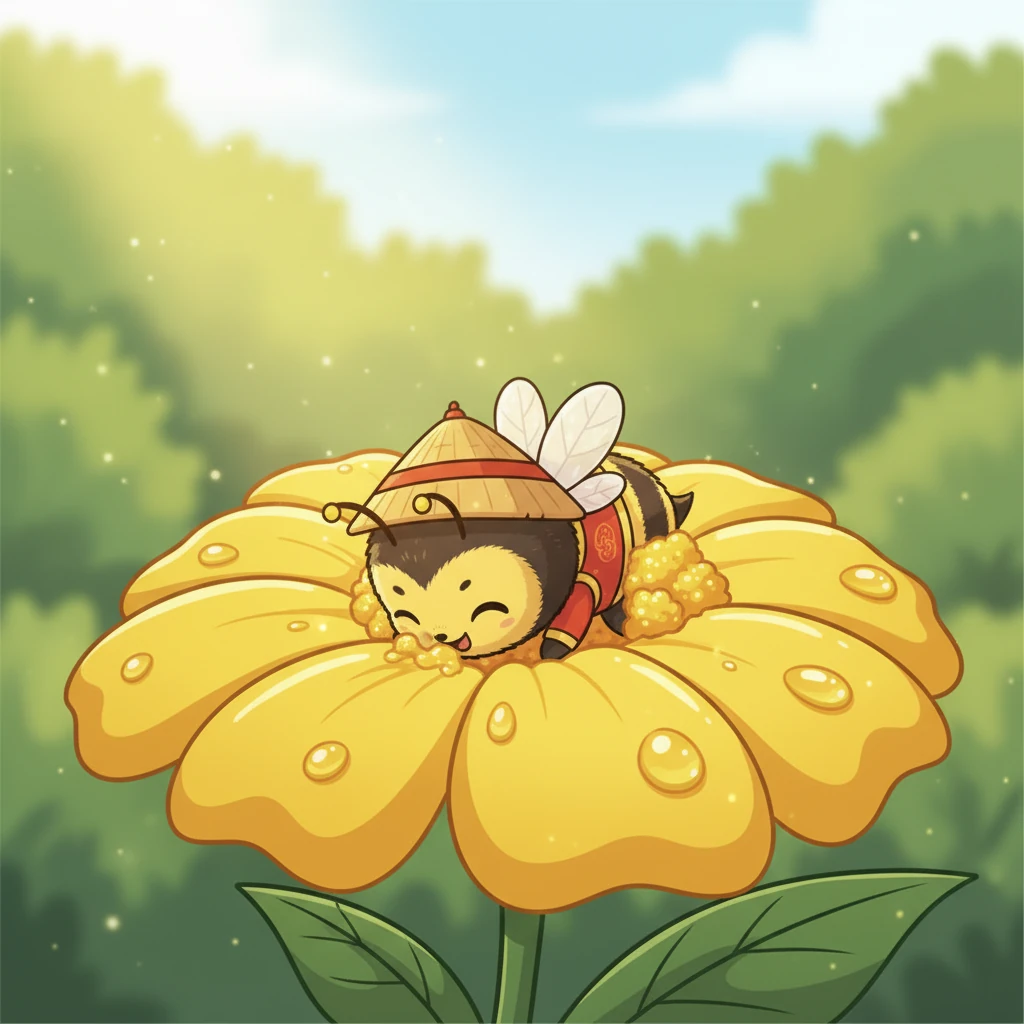 嗡嗡再次尝试，这次它学着工蜂的样子，准确地找到了花蜜的入口。甘甜的花蜜流入它的胃囊，而它的后腿也渐渐挂满了金黄的花粉。它感到自己终于成为了一只真正的采蜜蜂，心里充满了成就感。