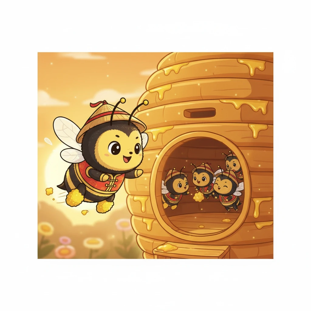 夕阳西下，嗡嗡带着满满的收获和一天的疲惫，兴奋地飞回了温暖的蜂巢。它把花蜜和花粉交给了等候的同伴，然后骄傲地看着自己的劳动成果被储存起来。它知道，明天它还会继续探索这个美妙的世界，为蜂巢带来更多的甜蜜。